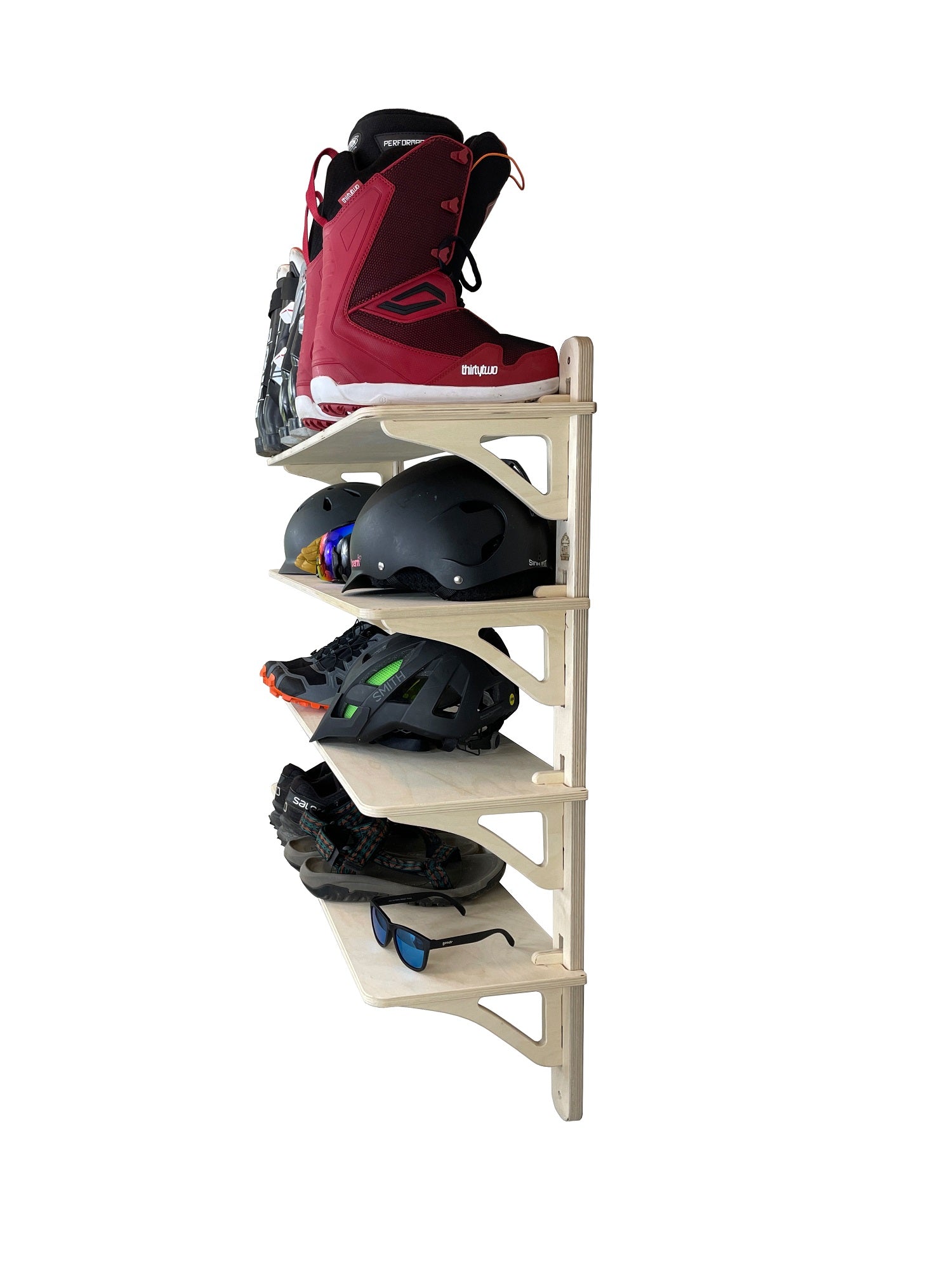 Rado Racks GEAR STATION ski boot rack with multiple shelves for organized storage of ski gear and accessories.