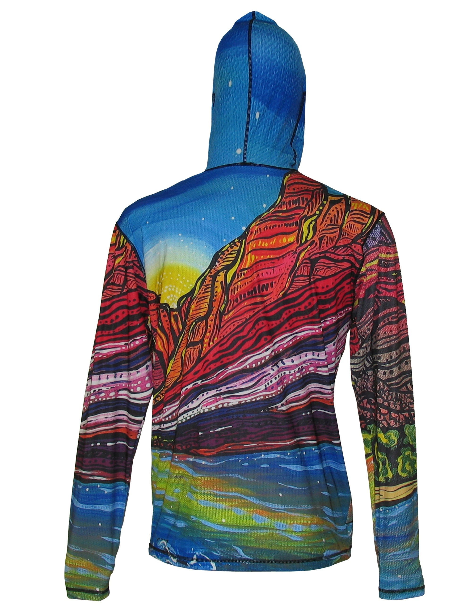Sunpro hoodie by Cognito Brands featuring a Grand Canyon mountain graphic on the back, lightweight and stylish for outdoor adventures.