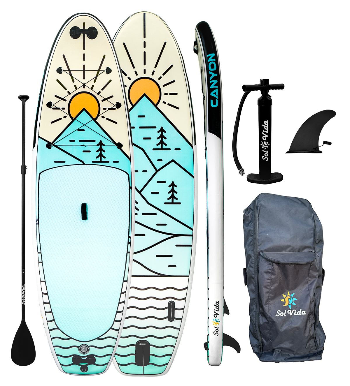 SolVida GrandSol Canyon inflatable stand-up paddleboard (SUP) in sky blue with accessories, suitable for wide water adventures.