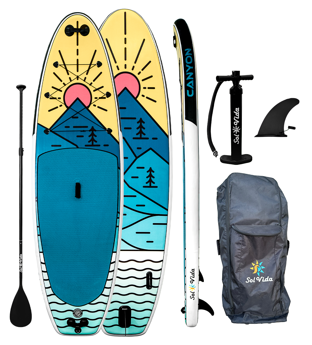 SolVida GrandSol Canyon inflatable SUP paddleboard with accessories, vibrant viridescent color, and wide deck for stability.