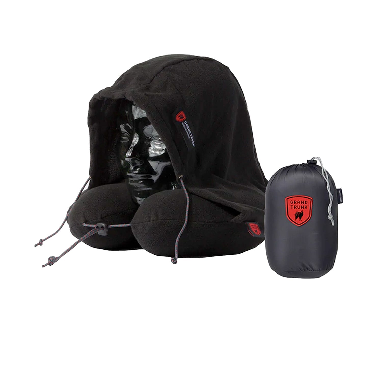 GrandTrunk hooded travel neck pillow in a relaxed position, showcasing its soft fabric and ergonomic design for comfort.
