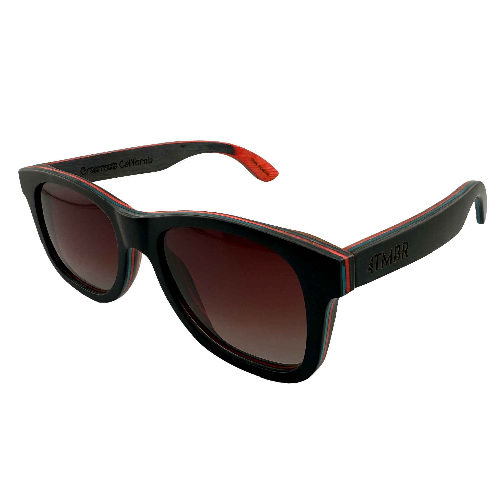Black sunglasses with rose-tinted lenses from Grassroots California's TMBR Jerry Garcia The Traveler collection.