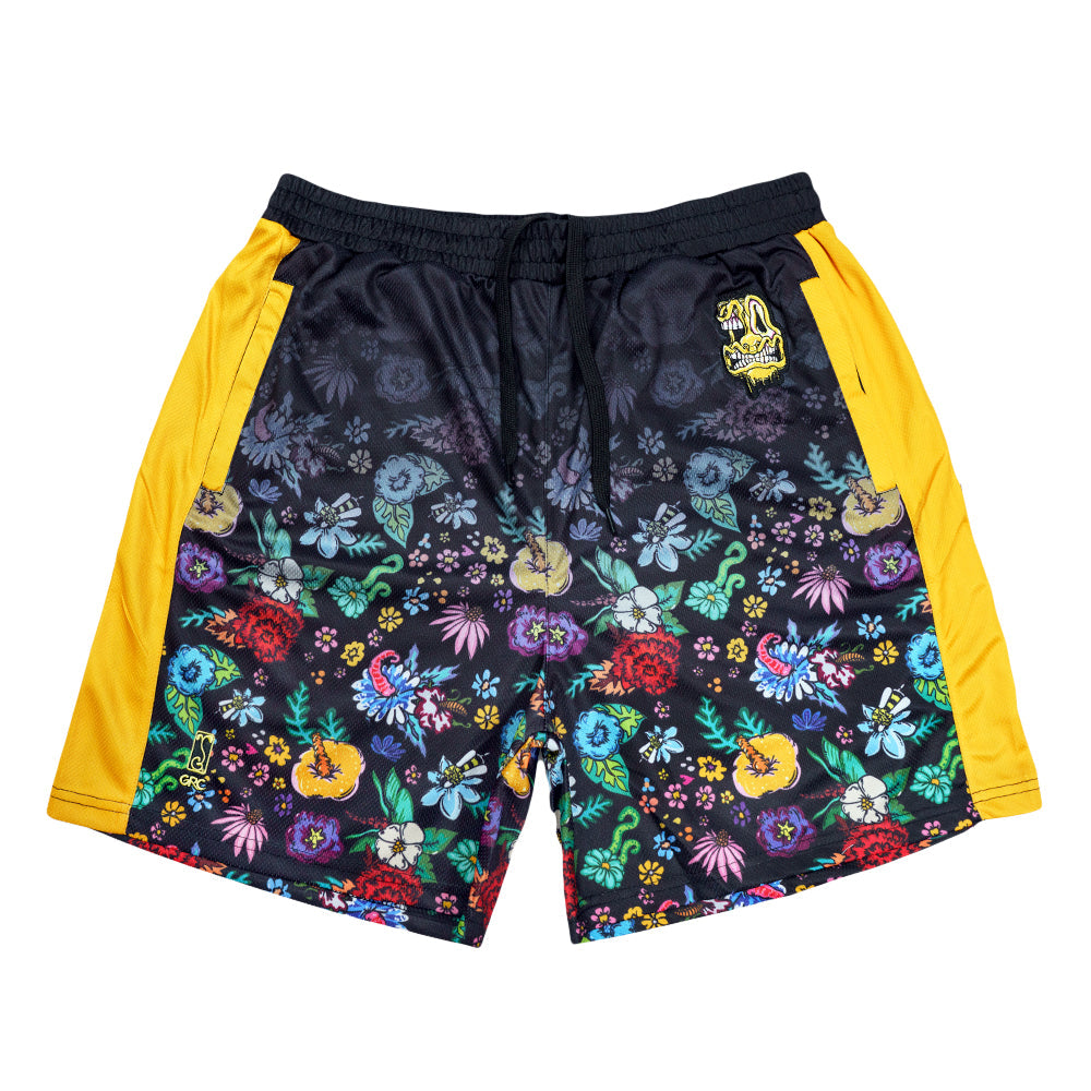 Black mesh shorts by Grassroots California, Melty Bros apparel, featuring breathable fabric and relaxed fit for casual wear.