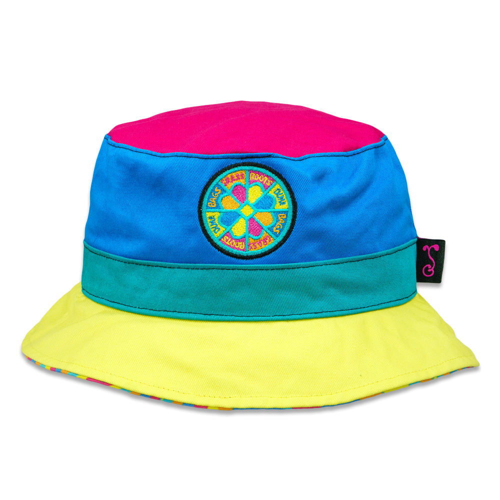 Reversible bucket hat by Grassroots California featuring bold hyperpop design and vibrant colors.