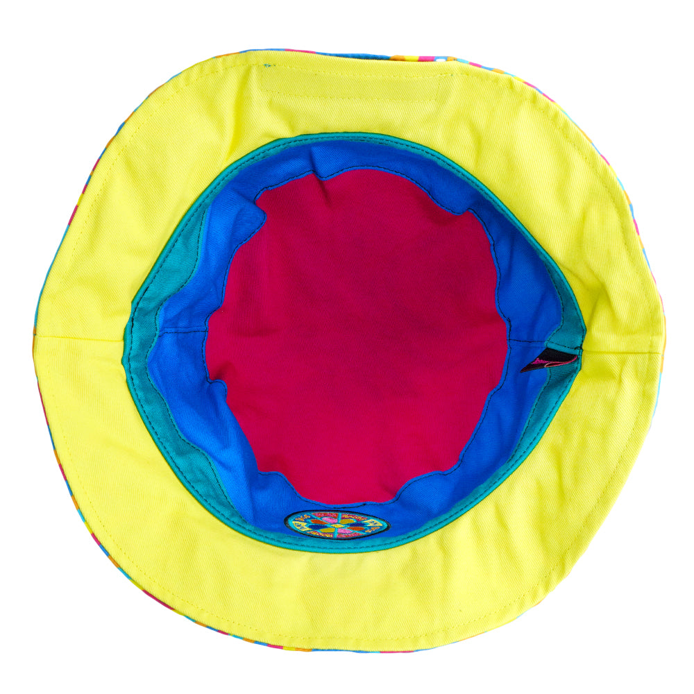 Reversible bucket hat by Grassroots California featuring bold Hyperpop design and vibrant colors, styled for casual wear.