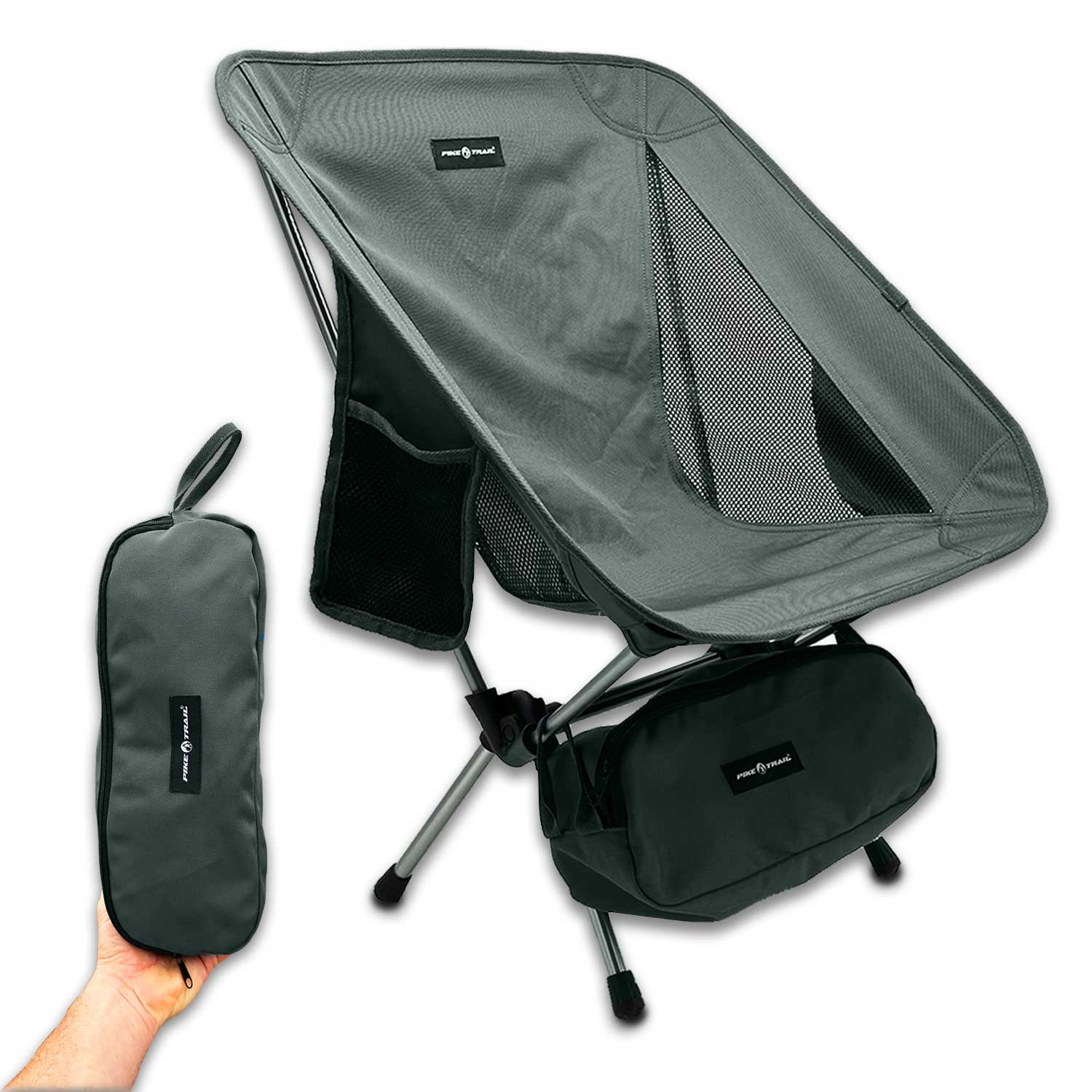 Gray Pike Trail ultralight camping and beach chair with compact, foldable design for outdoor tailgate and festival use.