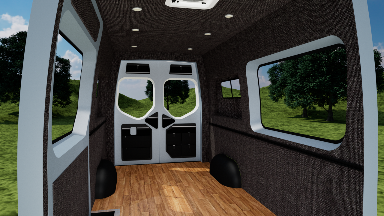 Gray interior panel kit for Mercedes Sprinter 144" high roof van, featuring Heather walls and ceiling by Alpine Van Works, LLC.
