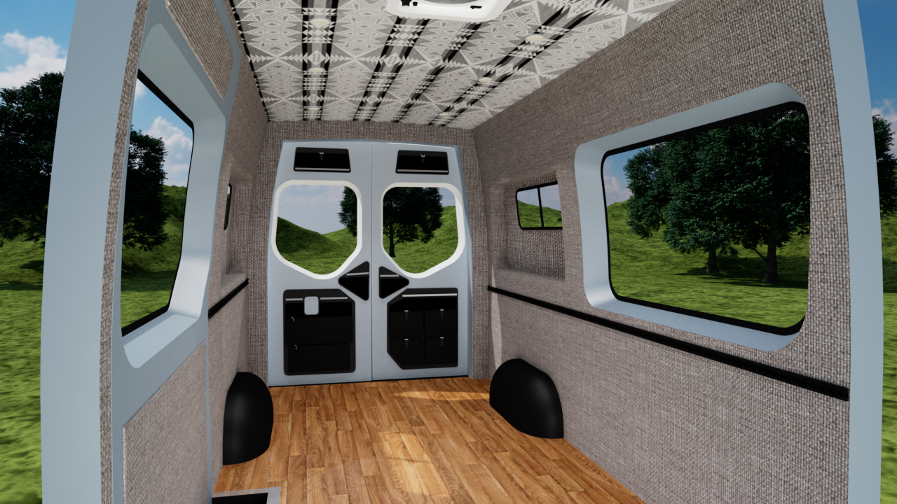 Gray interior panel kit for Mercedes Sprinter 144" high roof van by Alpine Van Works, LLC, featuring custom wall and ceiling panels.
