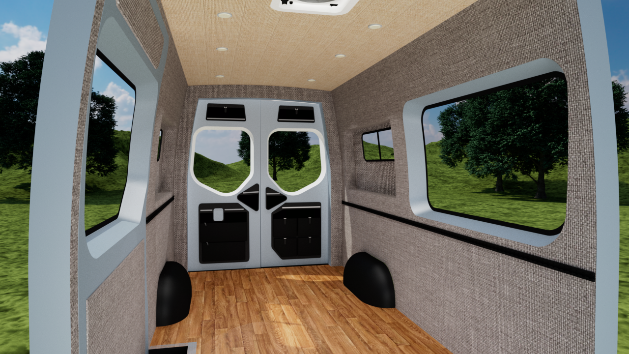 Mercedes Sprinter 144" high roof interior panel kit by Alpine Van Works, LLC, featuring gray mixed wall panels and oat ceiling panels.