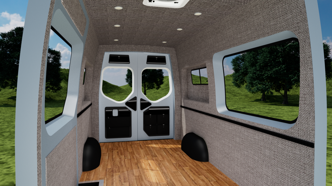 Mercedes Sprinter 170" high roof interior panel kit with gray mixed walls and pewter ceiling, designed by Alpine Van Works, LLC.