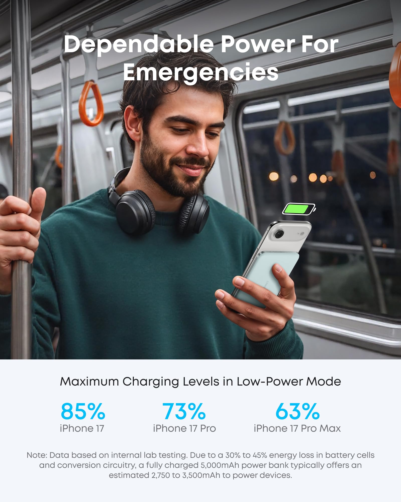Anker Nano 5K MagGo slim green power bank with LED indicator, compact portable charging device.