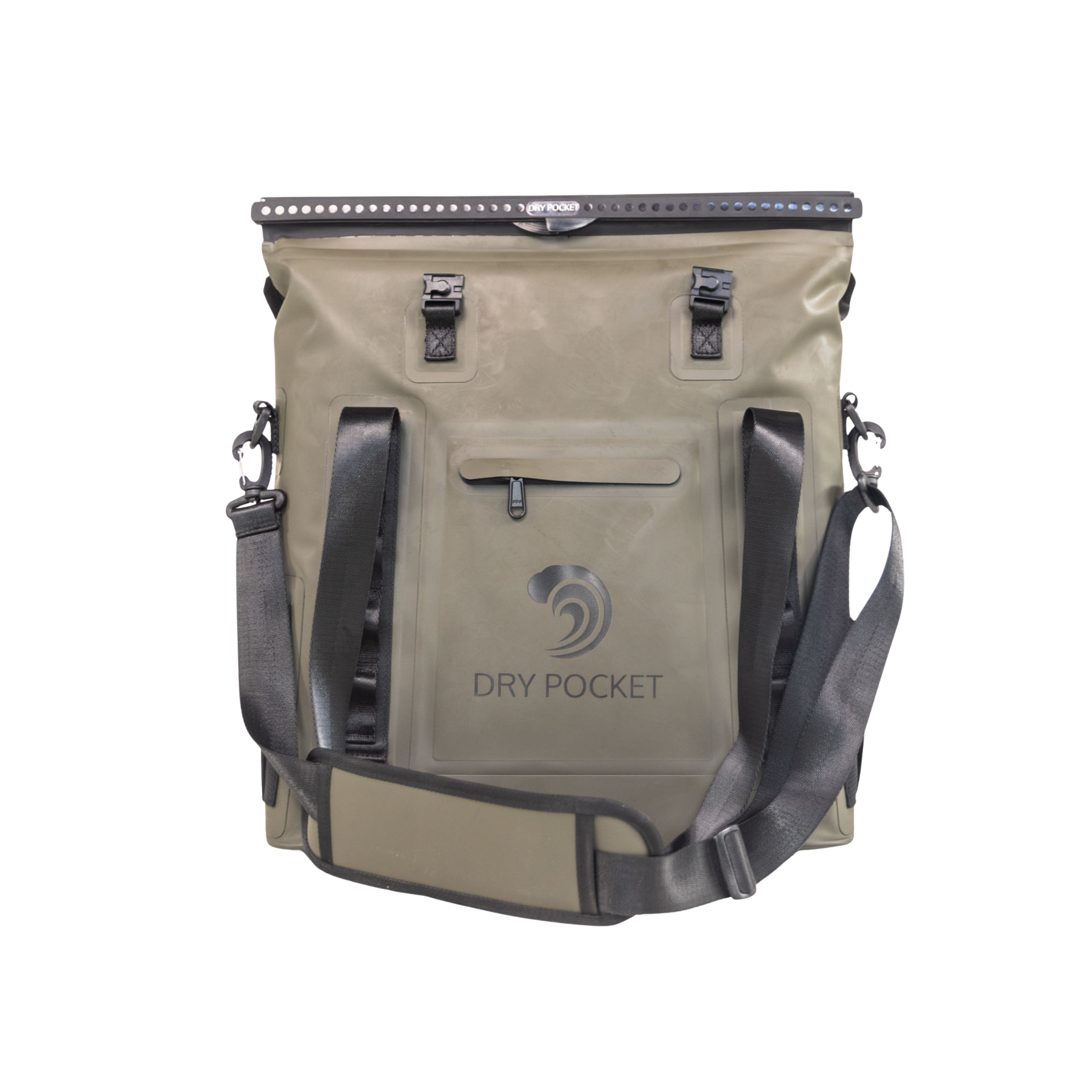 Green Dry Pocket waterproof floating tote cooler with auto sealing lid, ideal for outdoor and aquatic activities.