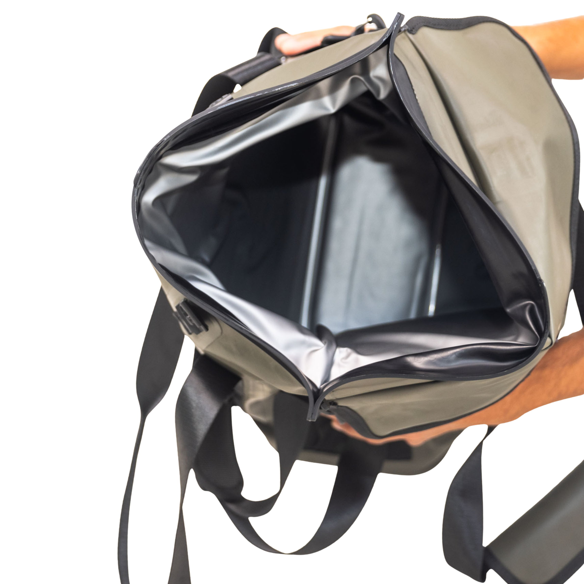 Green waterproof floating tote cooler by Dry Pocket, auto-sealing design with secure closure for outdoor and aquatic use.