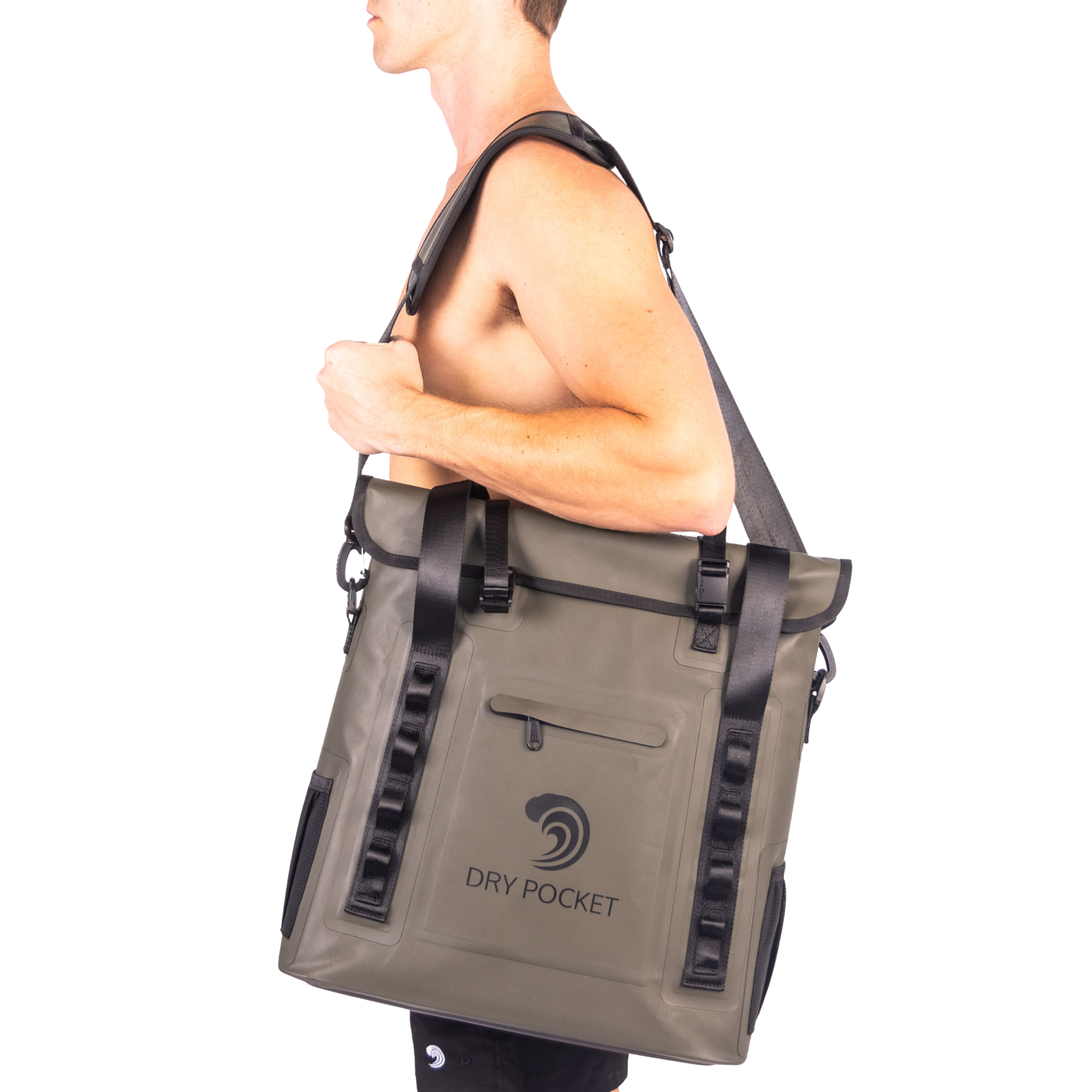 Green waterproof floating tote cooler by Dry Pocket, auto-sealing tote cooler with secure closure and portable design.