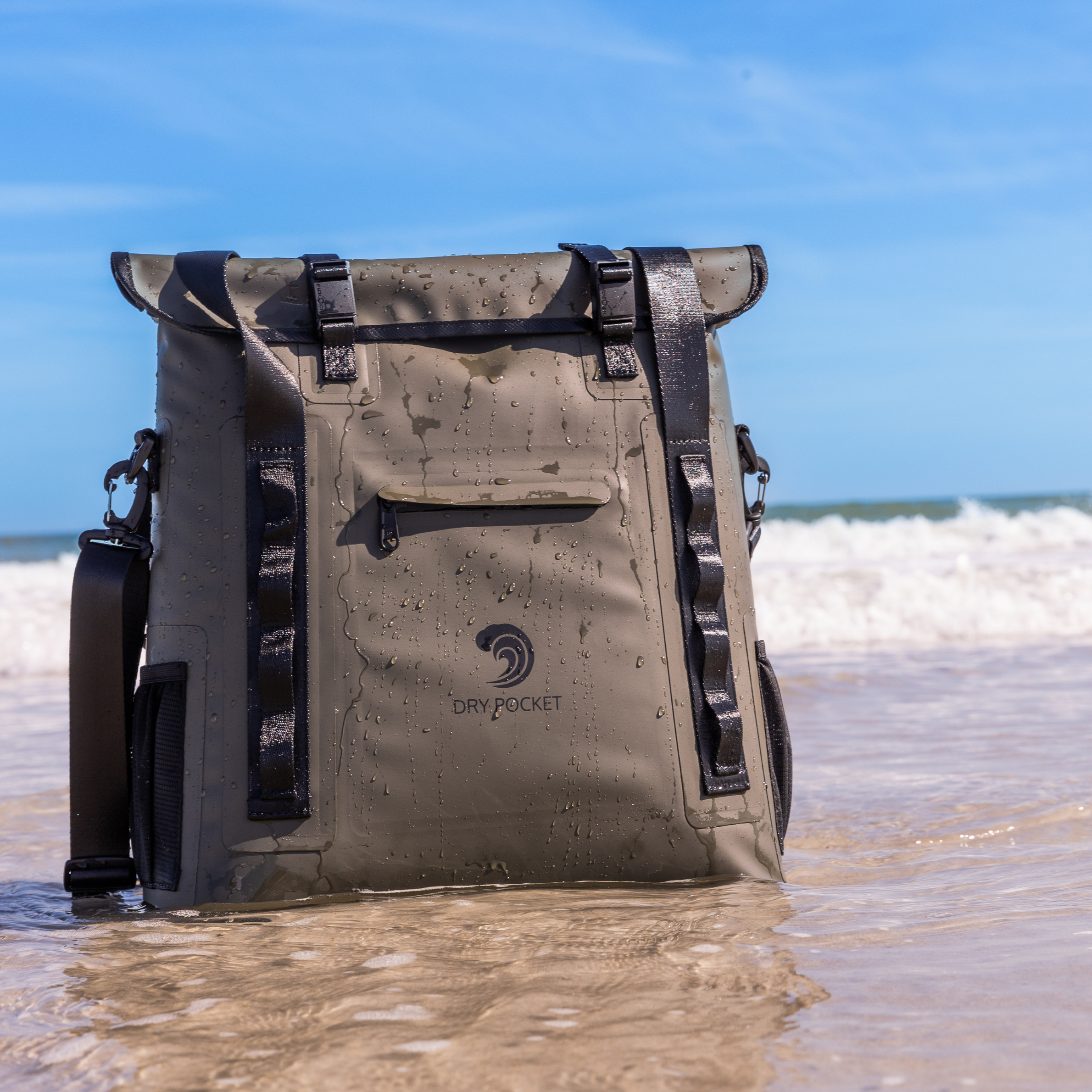 Green Dry Pocket waterproof floating tote cooler with auto-sealing lid, ideal for keeping drinks and snacks dry and afloat.