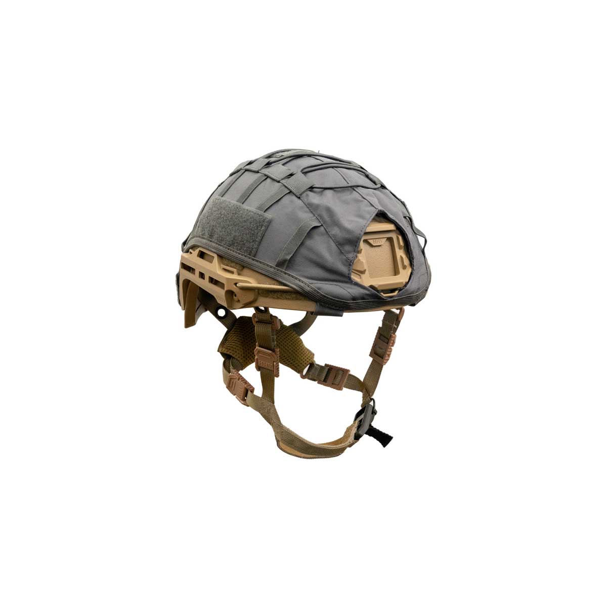 Grey HHV ATE® Ballistic Helmet Cover by Hard Head Veterans, showing the front view with durable fabric and adjustable straps.