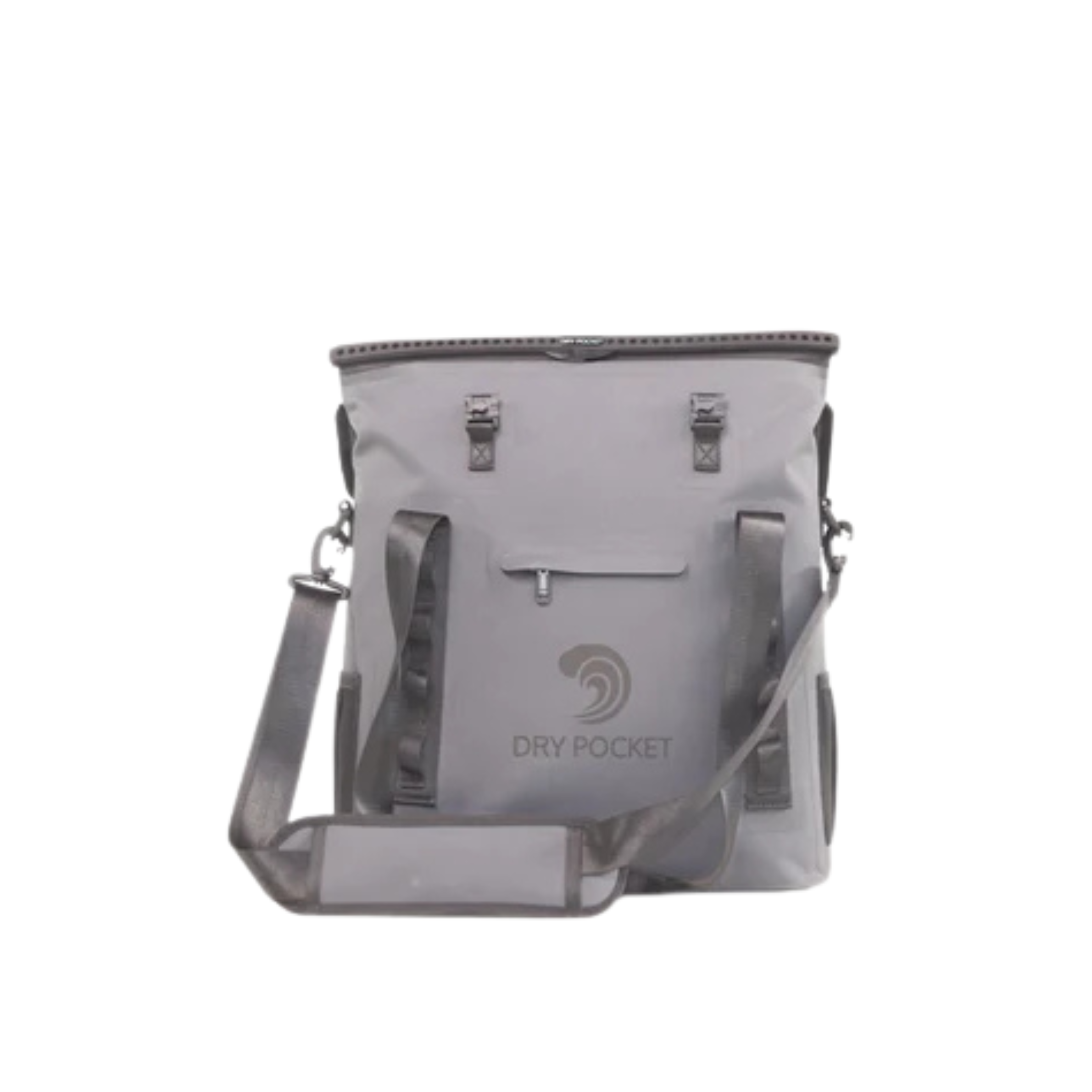 Grey waterproof floating tote cooler by Dry Pocket, auto-sealing design with secure closure, perfect for outdoor and water activities.