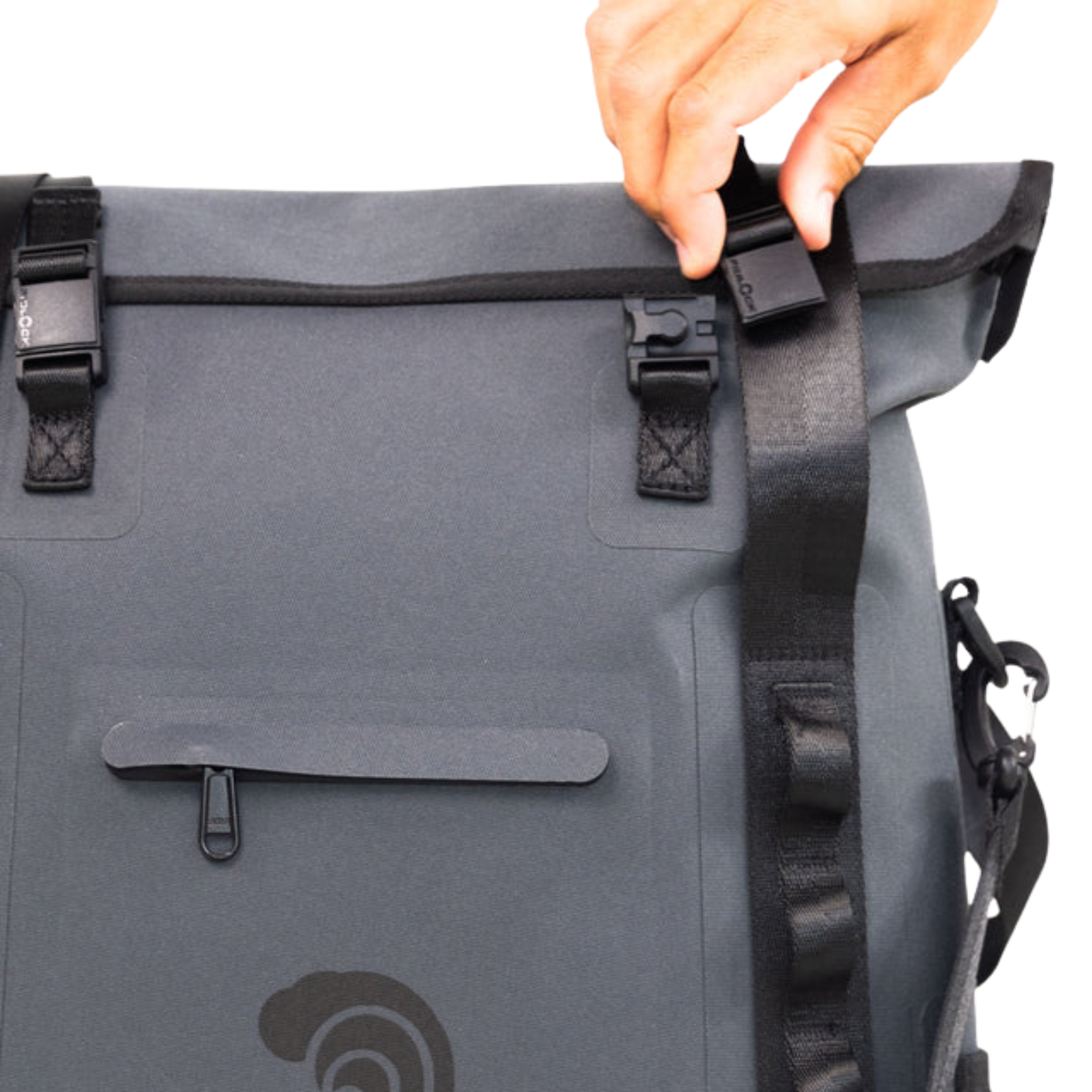 Grey Dry Pocket waterproof floating tote cooler with auto-sealing lid, designed for keeping items dry and cool on water activities.