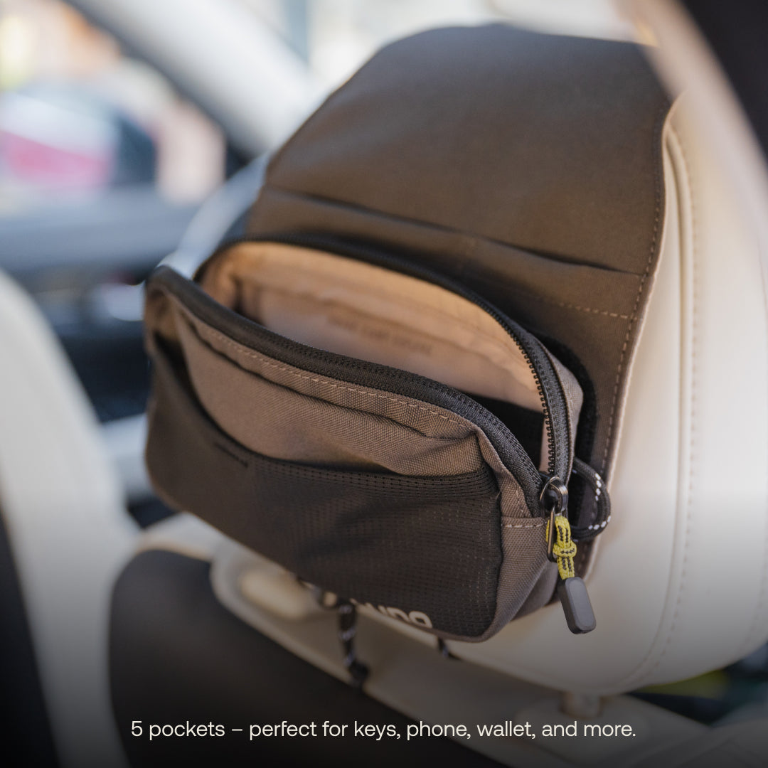 Luno® headrest organizer featuring multiple pockets for convenient storage and organization in vehicles.