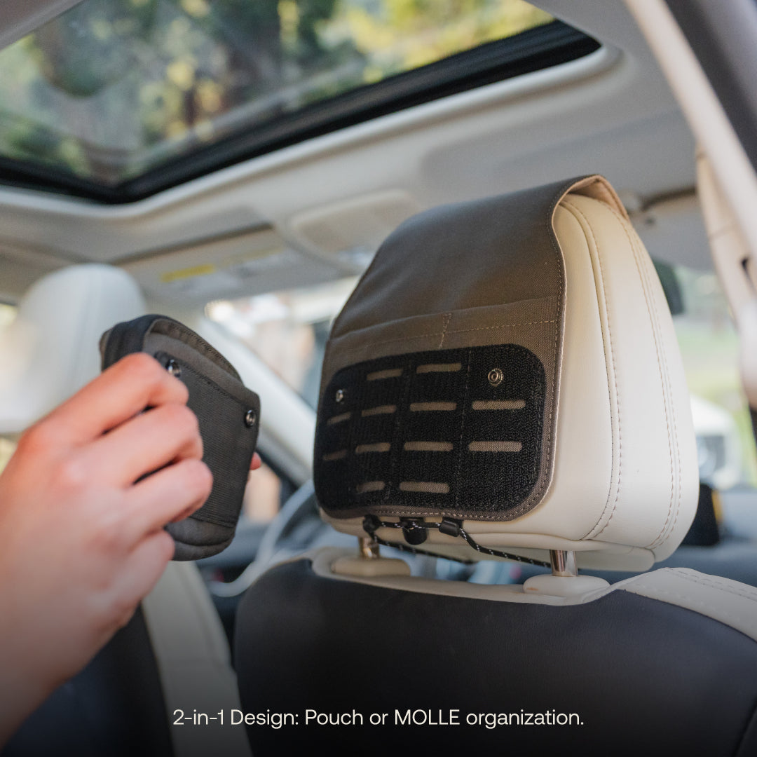Luno® headrest organizer featuring multiple pockets for storing essentials in a car interior.