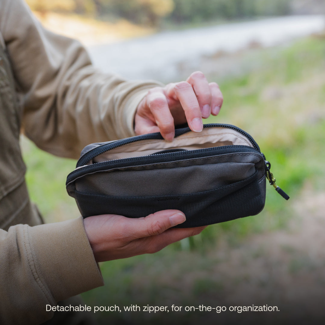 Luno® headrest organizer featuring multiple pockets for storage in a sleek design, perfect for car accessories.