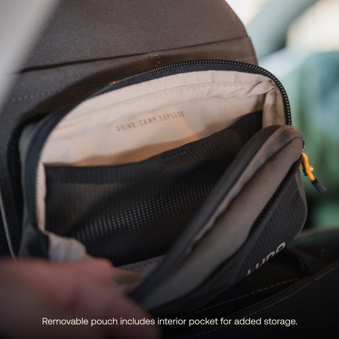 Luno® headrest organizer featuring multiple pockets for storage in a sleek design, ideal for car accessories.