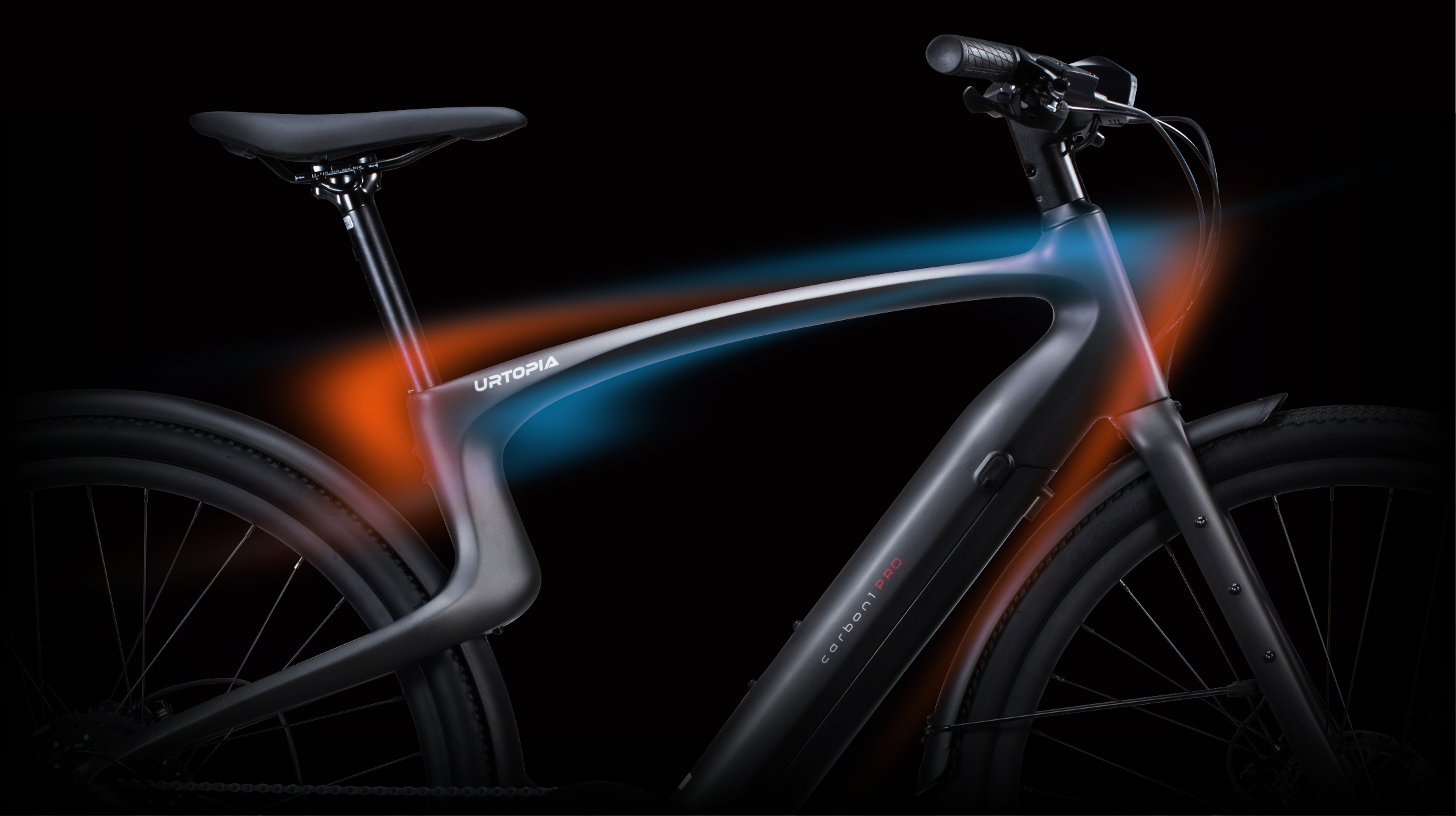 Rex E-Bikes Urtopia CARBON 1 PRO e-bike with sleek frame, mounted on a stand, showing the modern design and components.