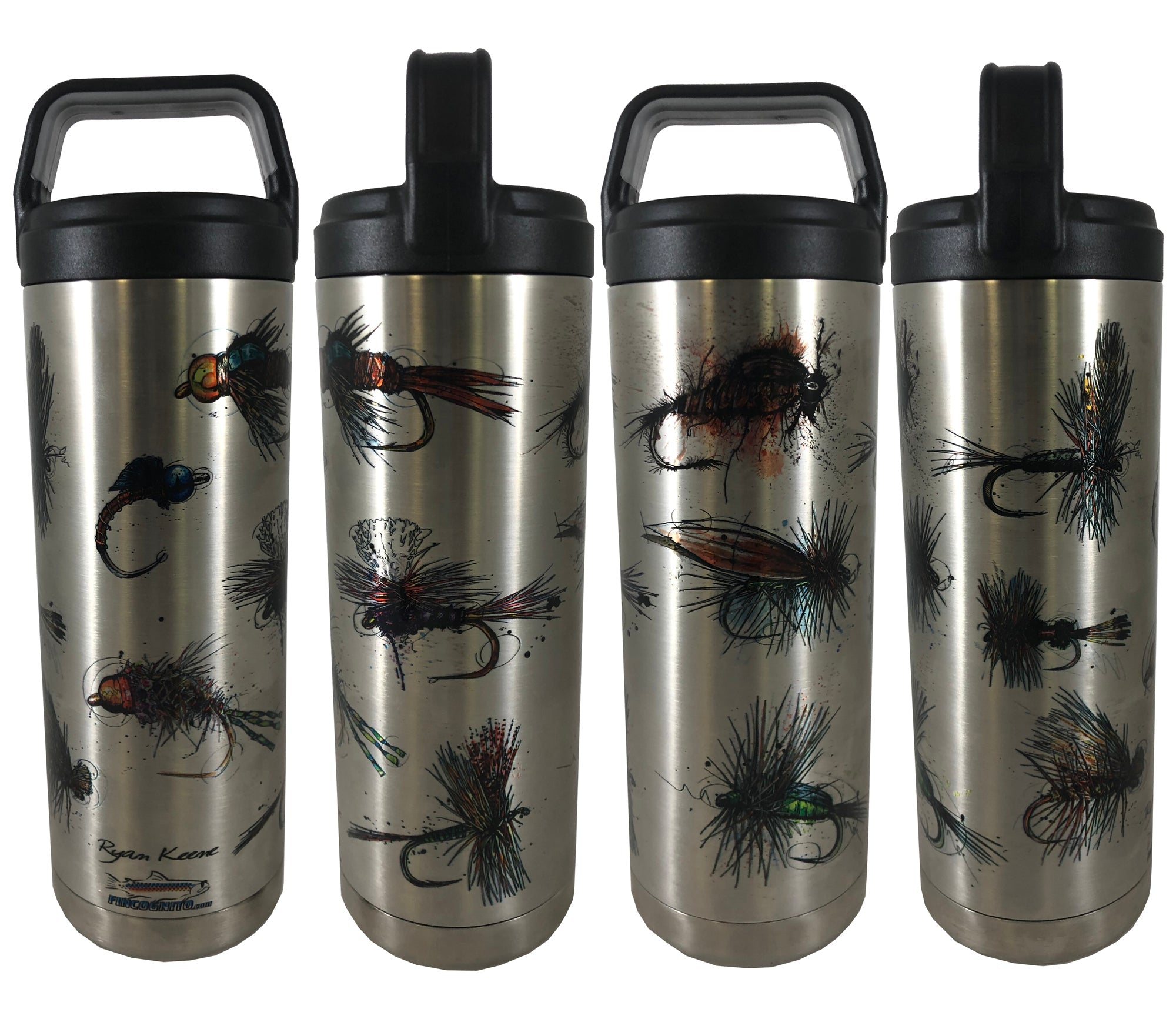 Stainless steel 20 oz. Bunch of Flies Hot/Cold Beverage Bottle by Cognito Brands, Inc., with a colorful fly design on the surface.