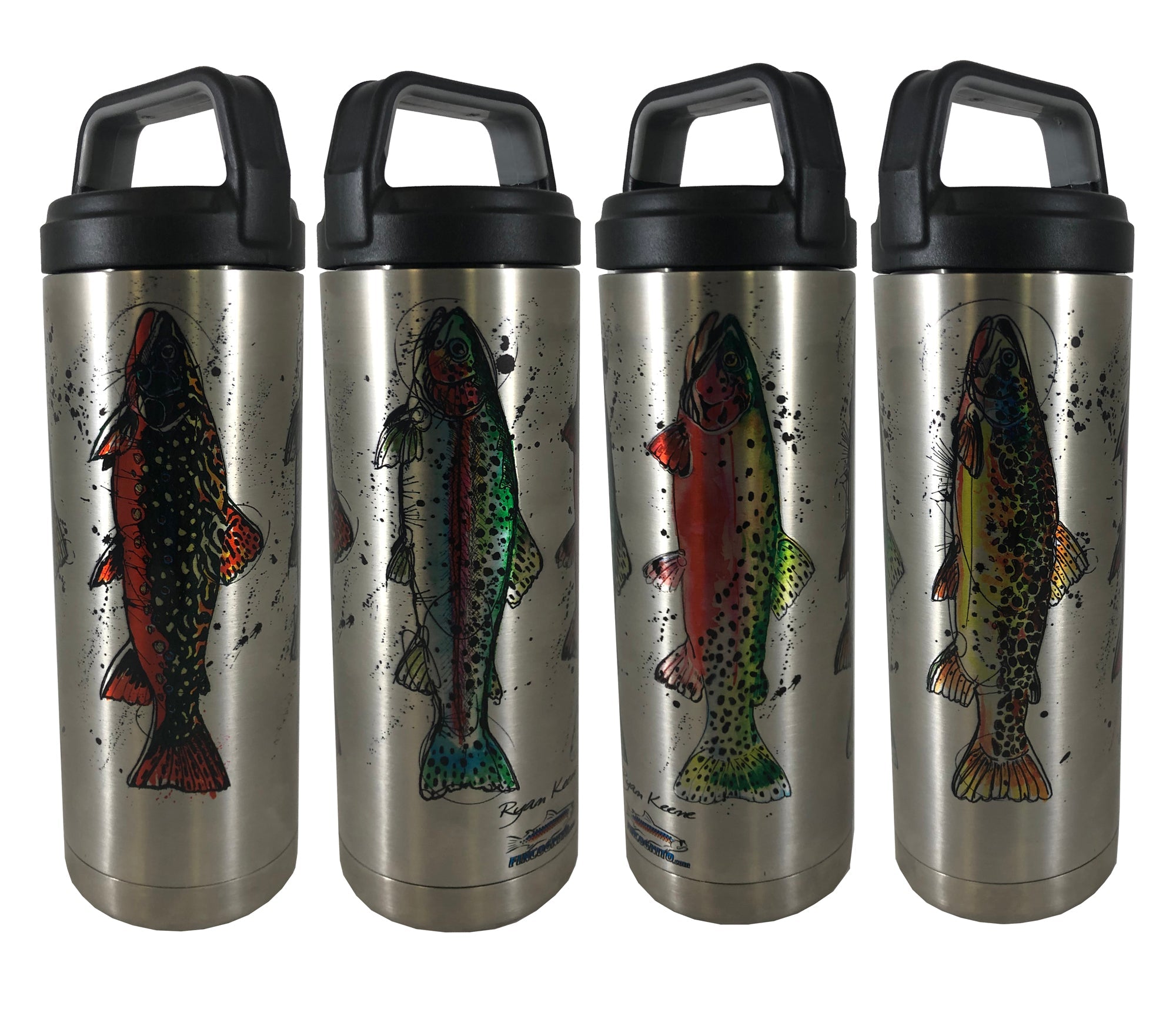 20 oz stainless steel Grand Slam hot and cold beverage bottle by Cognito Brands, Inc., with a group of bottles on a water-themed background.