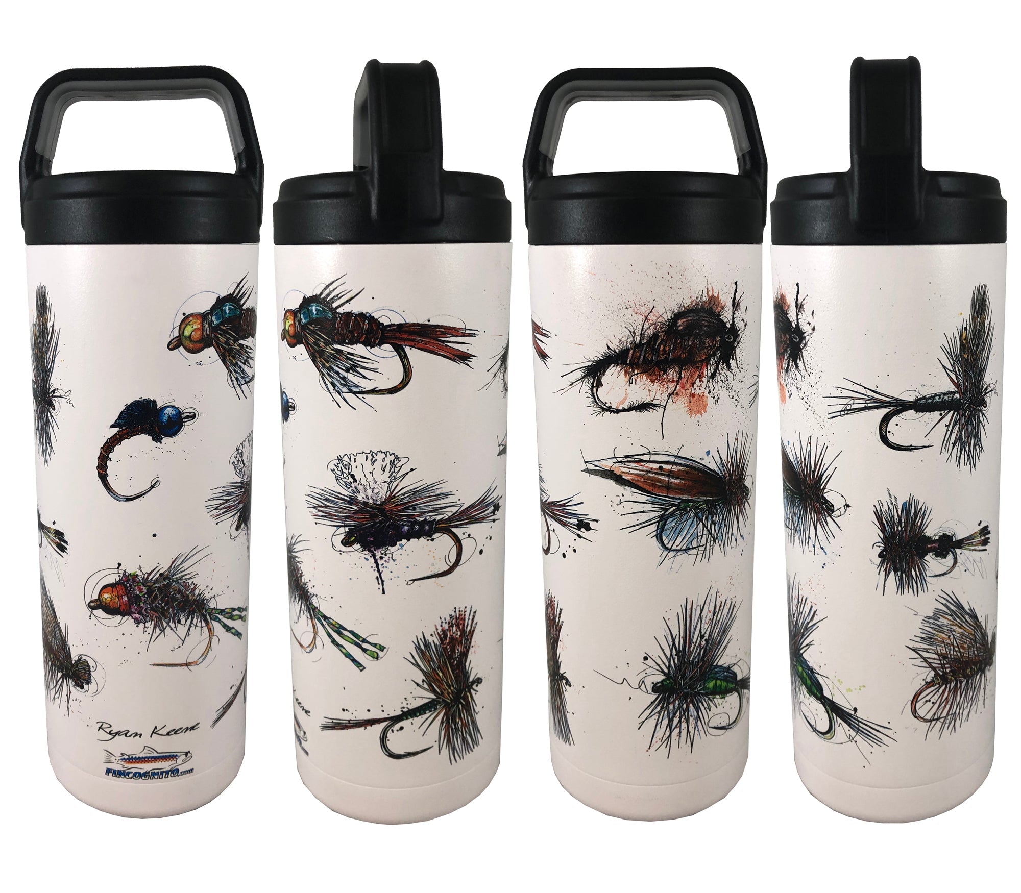 White 20 oz. Flies hot/cold beverage bottle by Cognito Brands, Inc., featuring a playful fly design on a sleek white background.