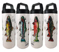 Cognito Brands 20 oz. white Grand Slam hot and cold beverage bottle with a trout design, suitable for keeping drinks at desired temperature.