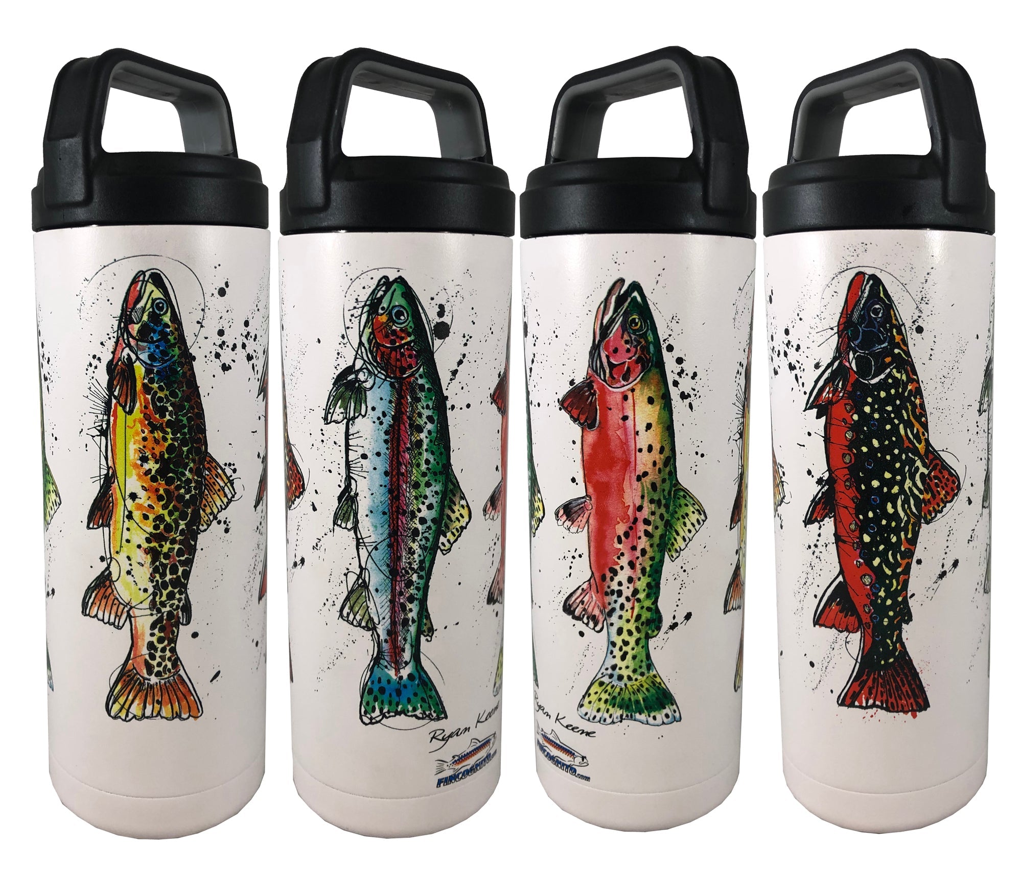 Cognito Brands 20 oz. white Grand Slam hot and cold beverage bottle with a trout design, suitable for keeping drinks at desired temperature.