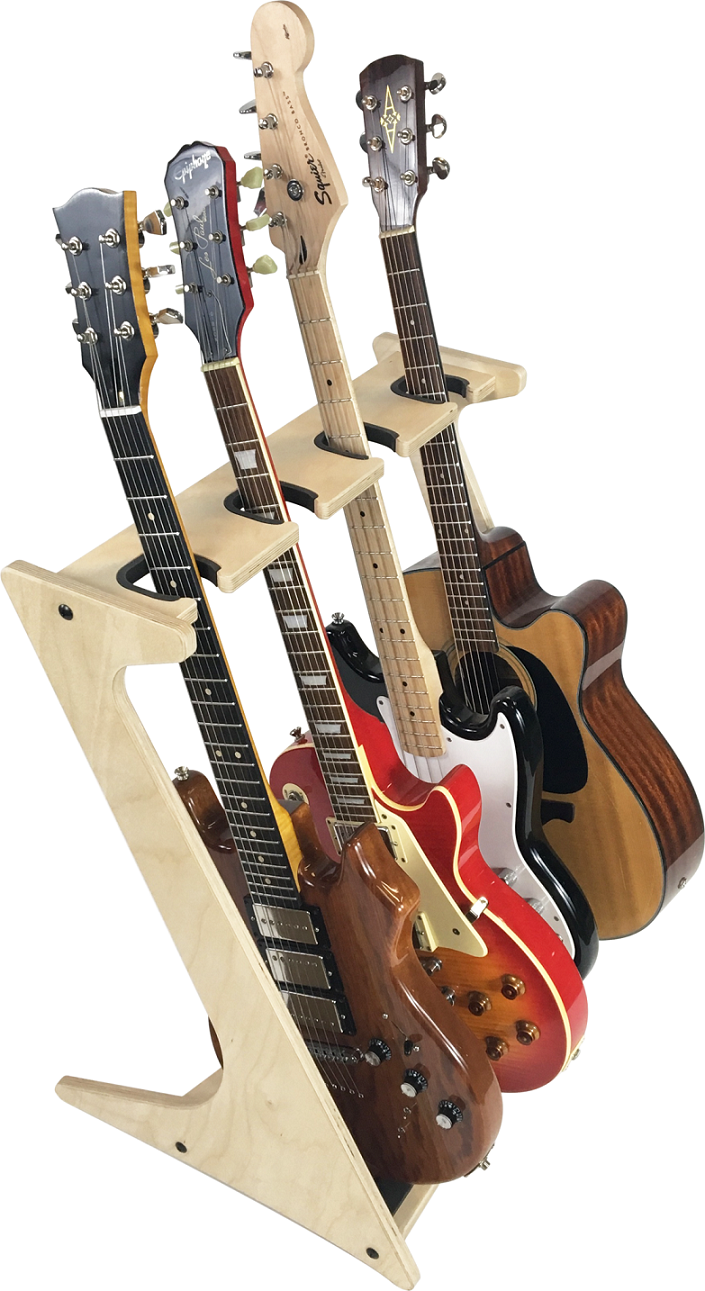 Rado Racks THE ENCORE guitar display stand holding an acoustic guitar on a transparent background.