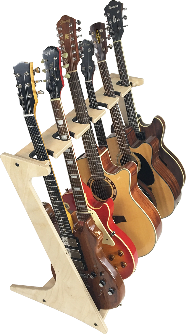 Transparent Rado Racks THE ENCORE guitar display stand holding an electric guitar on a clean background.