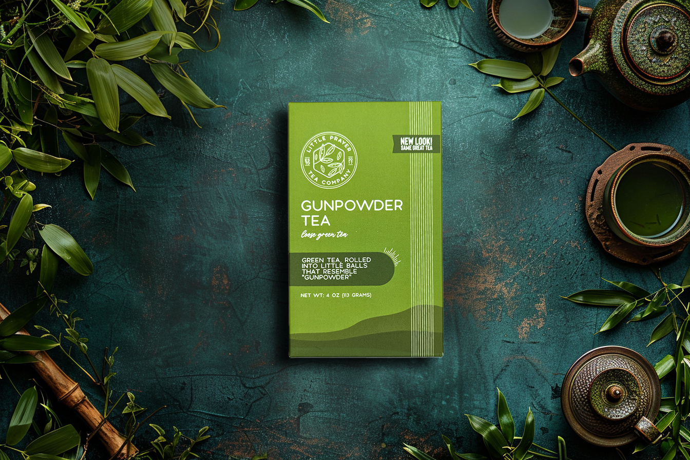 Loose Gunpowder Green Tea leaves from Little Prayer Tea Company, tightly rolled green tea pellets for brewing.