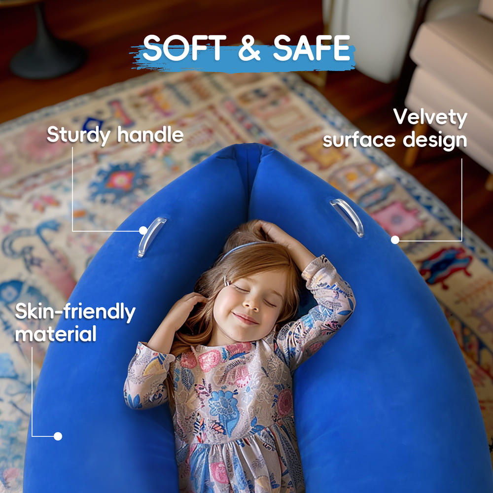 Outree sensory pea pod chair for kids, inflatable hug boat designed for calming and sensory therapy, shown in blue with soft fabric.