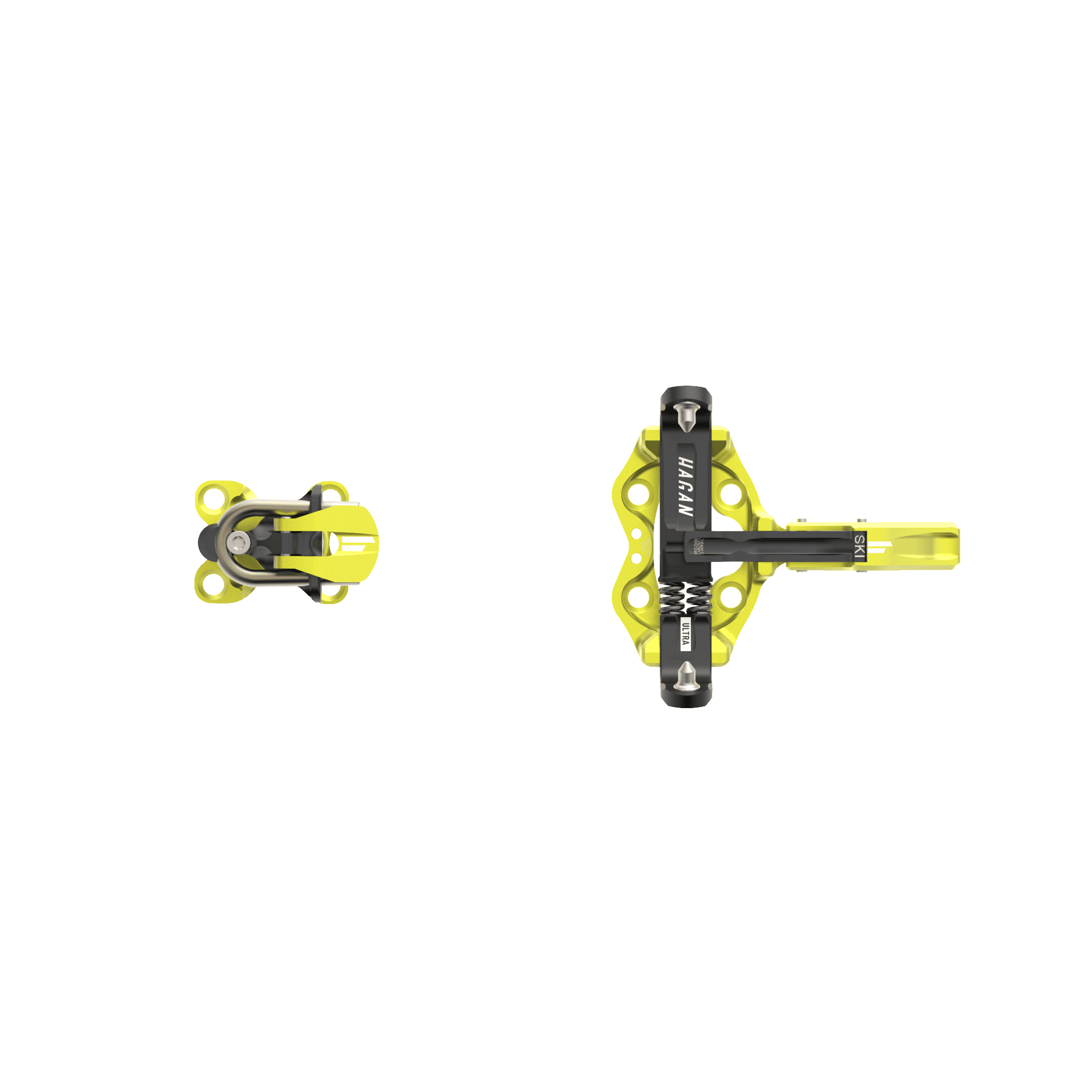 HAGAN Ultra World Cup ski mountaineering bindings with adjustable heel and toe pieces on a white background.