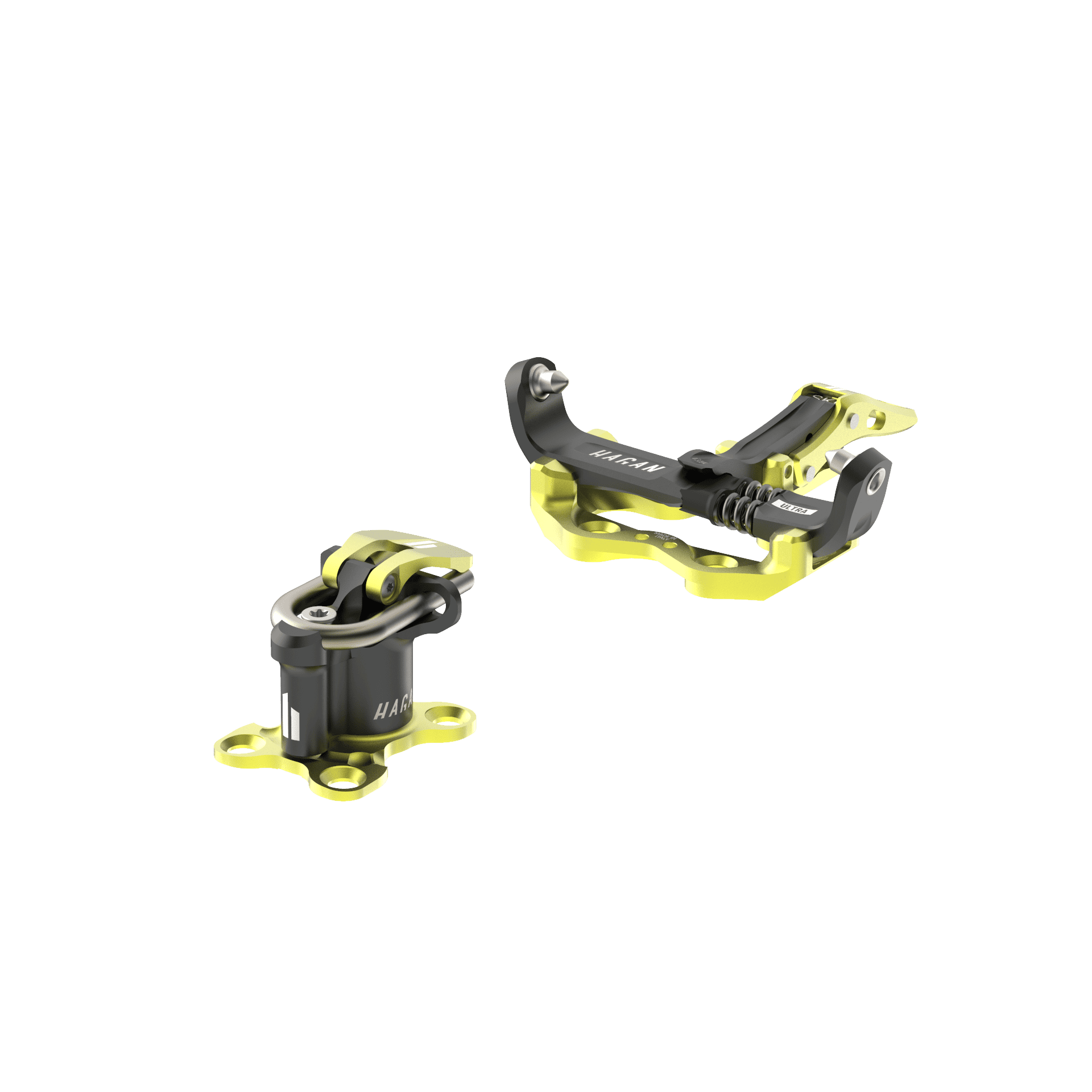 HAGAN Ultra World Cup ski mountaineering bindings with adjustable straps and metal components for secure climbing and descending.