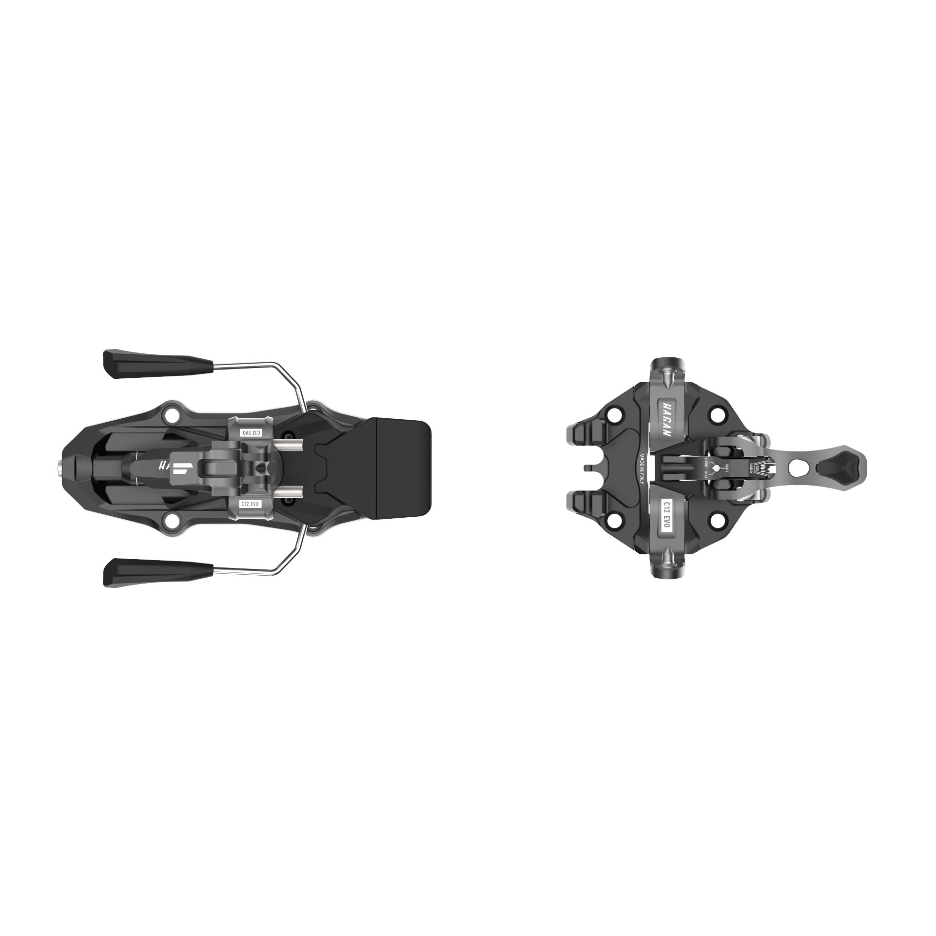 HAGAN Ski Mountaineering Core 12 EVO bindings mounted on skis, showing the durable, lightweight design and adjustment mechanisms.