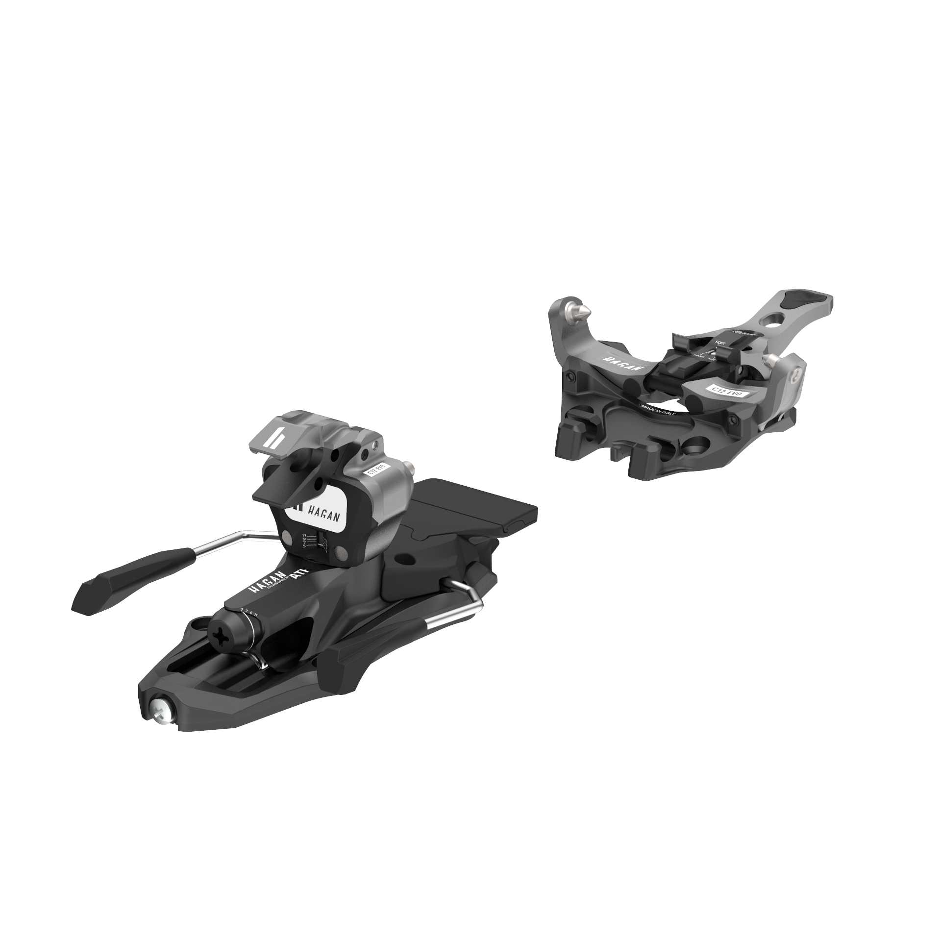 HAGAN Ski Mountaineering Core 12 EVO bindings mounted on skis, showing the durable design and binding mechanism.