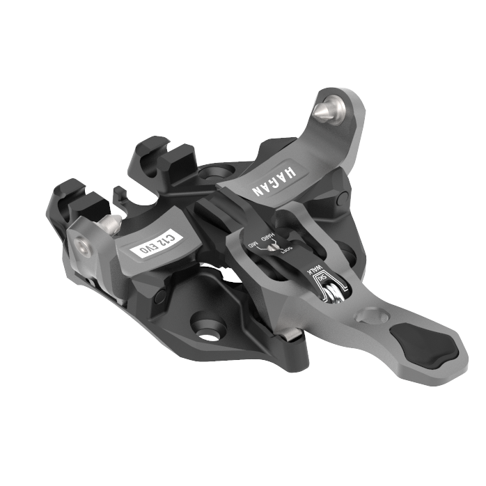 HAGAN Ski Mountaineering Core 12 EVO bindings with adjustable straps and metal heel piece on a white background.