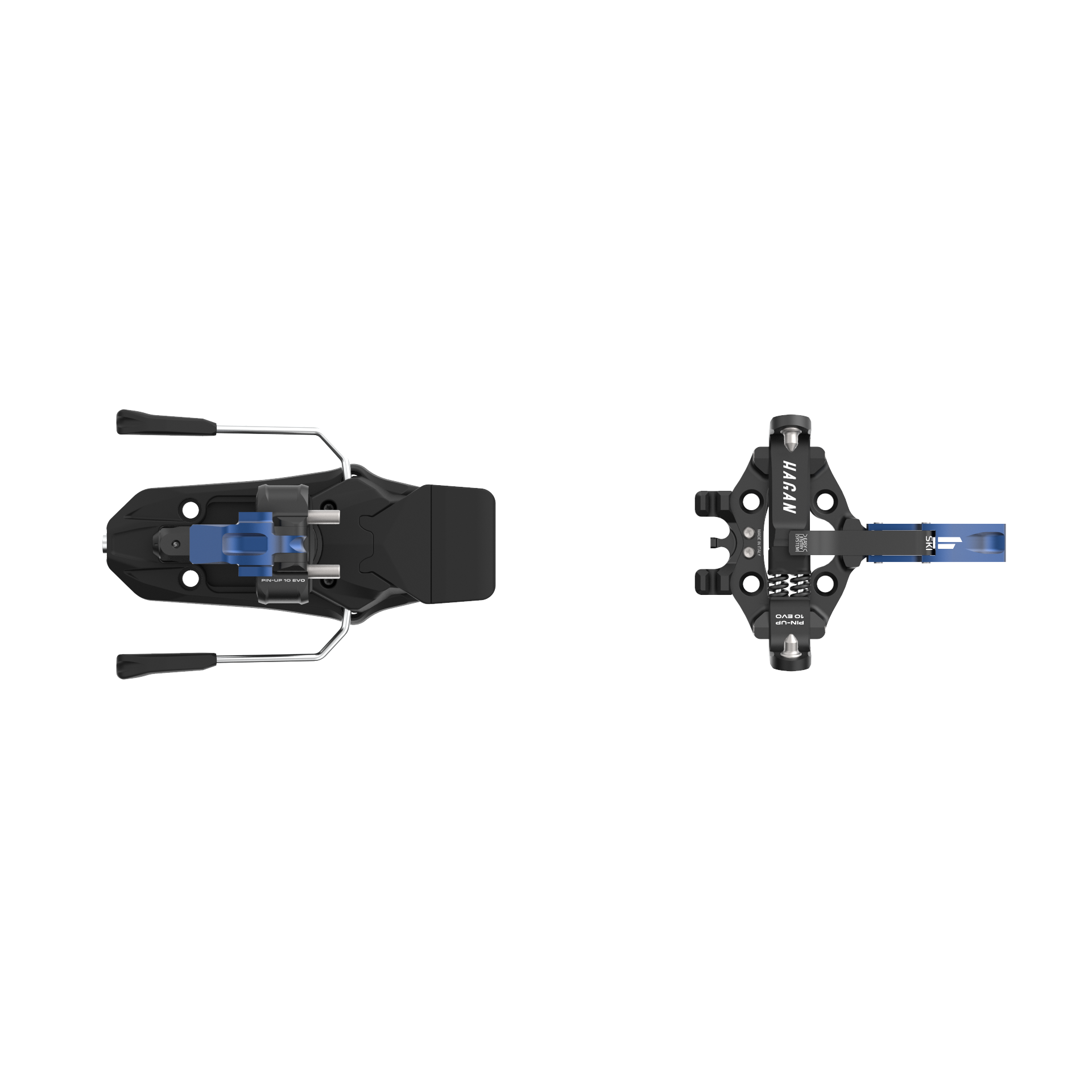 HAGAN Pin Up 10 EVO ski mountaineering bindings, black and silver with adjustable heel and toe pieces for alpine touring.