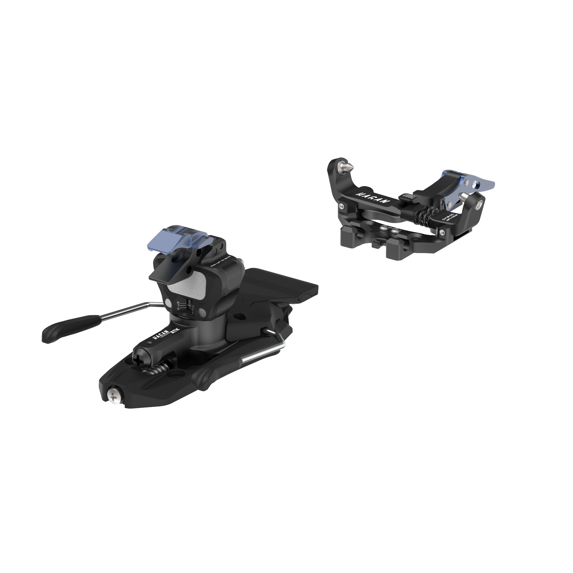 HAGAN Pin Up 10 EVO ski mountaineering bindings mounted on skis, showcasing durable design and secure binding mechanism.