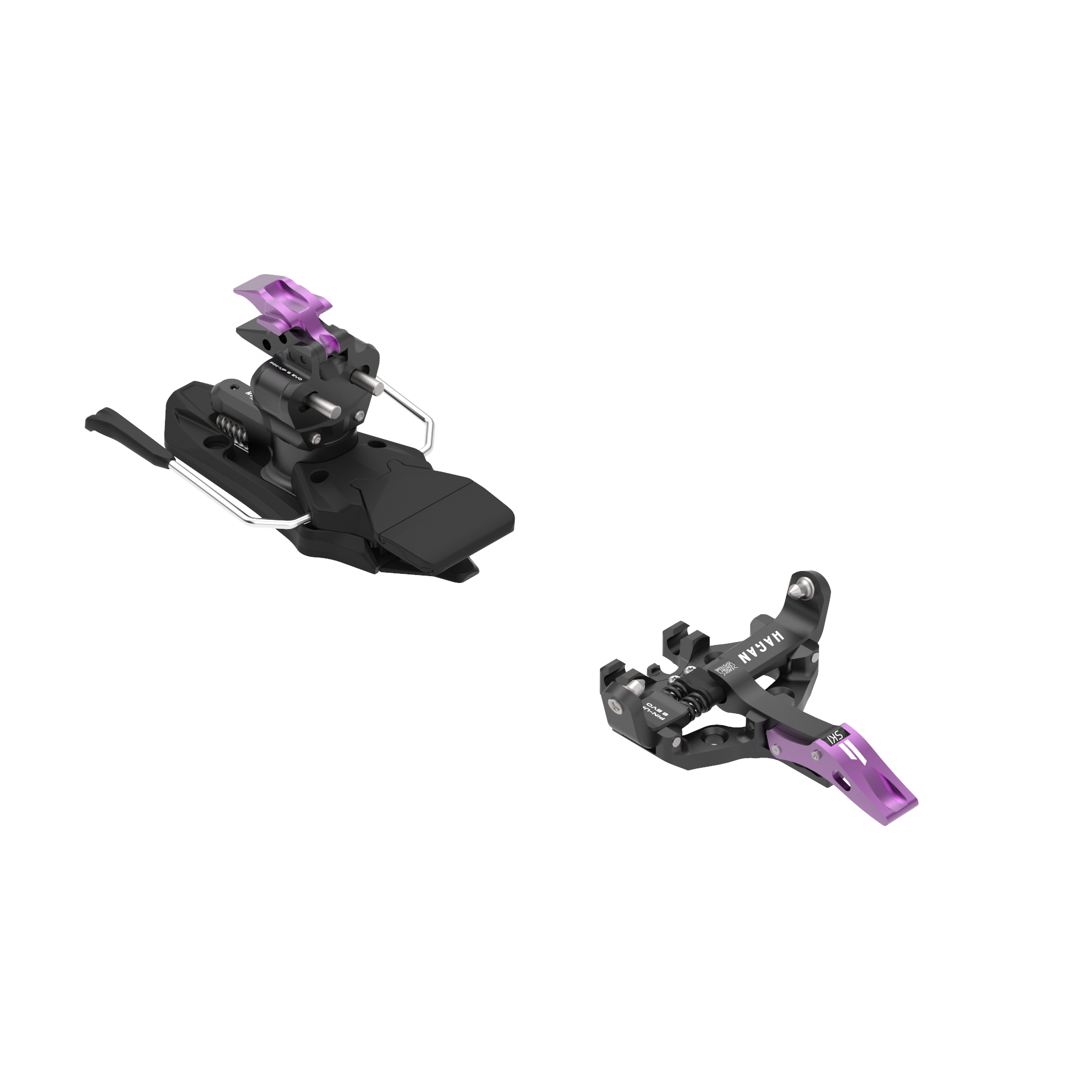 HAGAN Pin Up 8 EVO ski mountaineering bindings mounted on skis, showcasing durable design and lightweight construction.