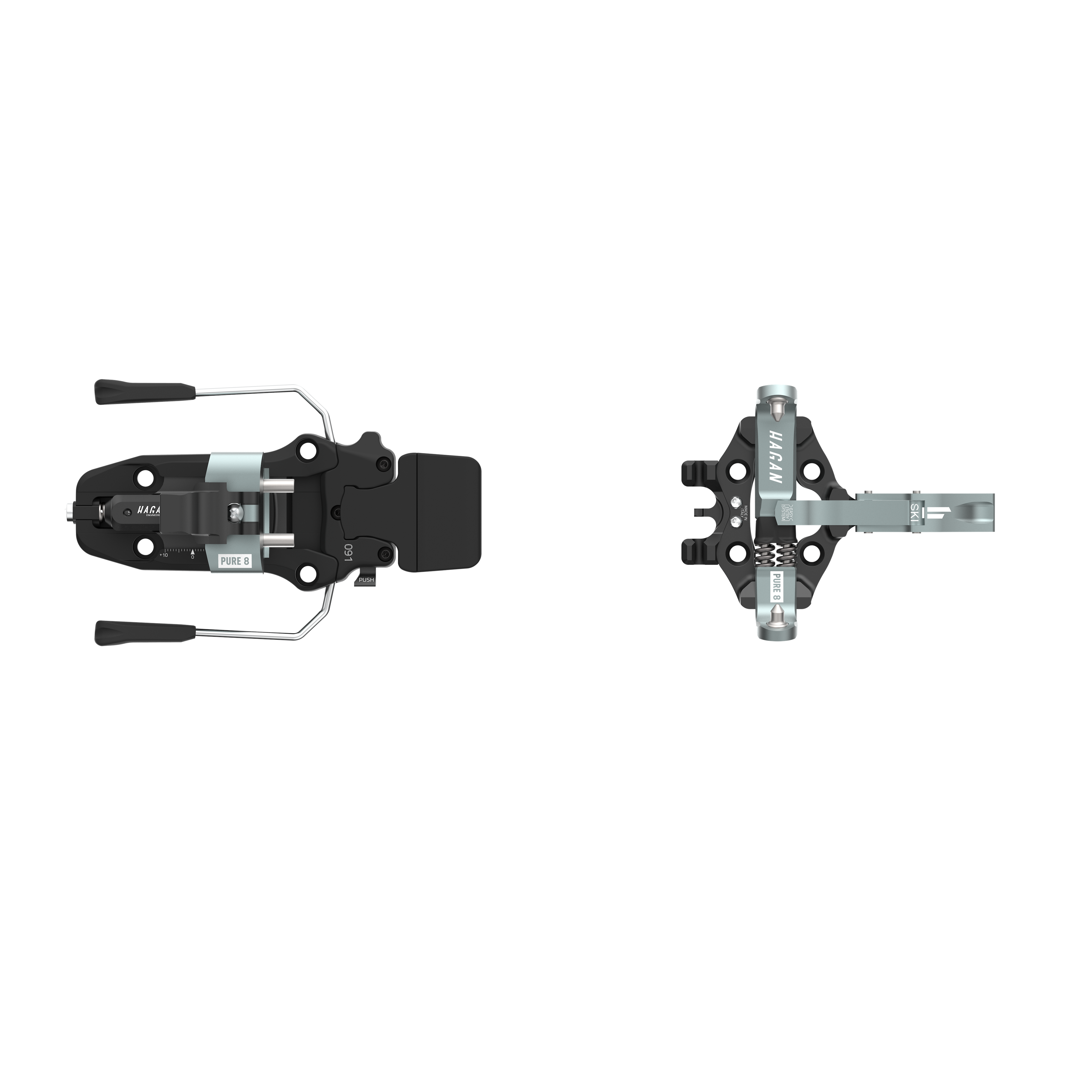 HAGAN Pure 8 ski mountaineering bindings displayed with a sleek design and adjustable features.