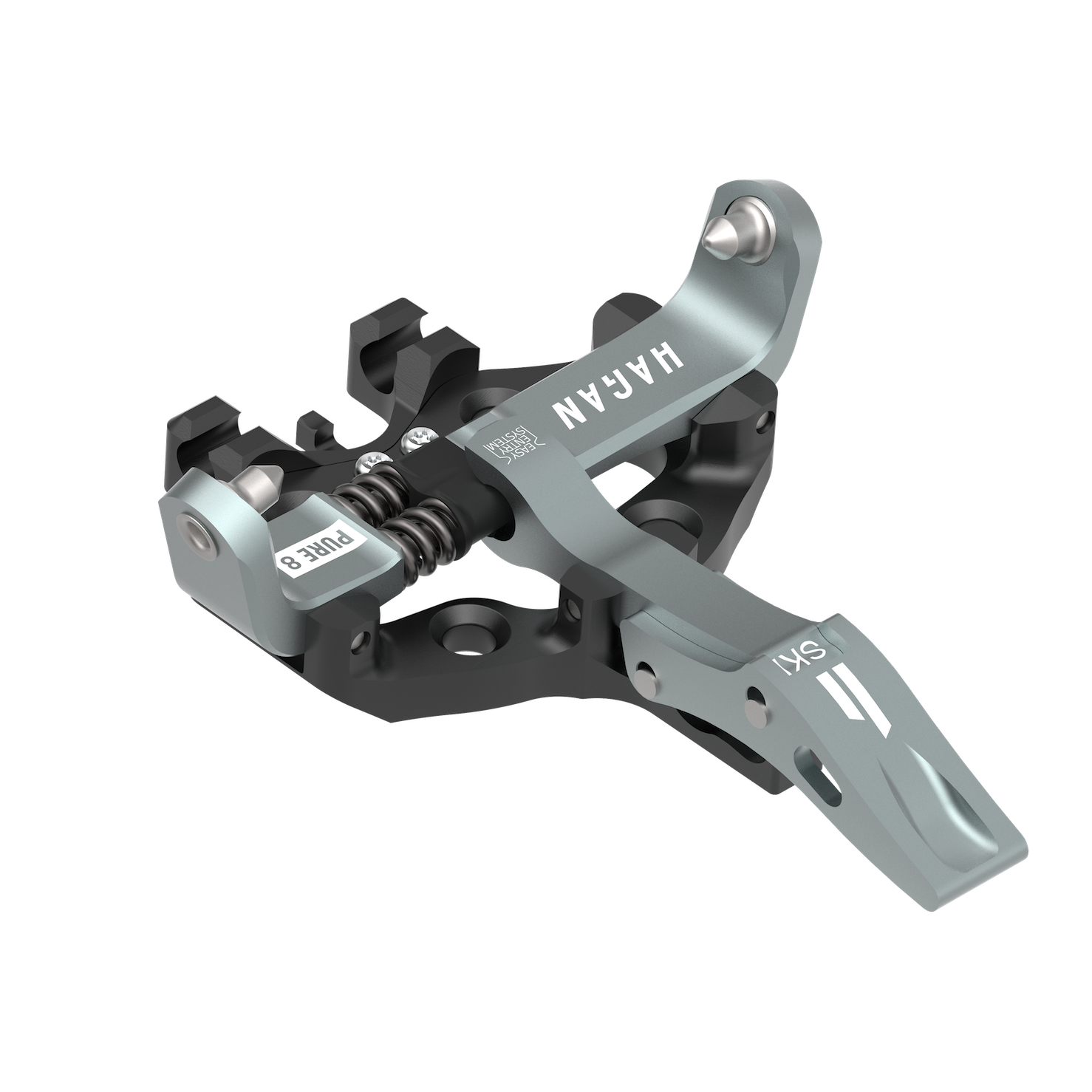 HAGAN Pure 8 ski mountaineering bindings showcasing a lightweight design with adjustable features and durable construction.