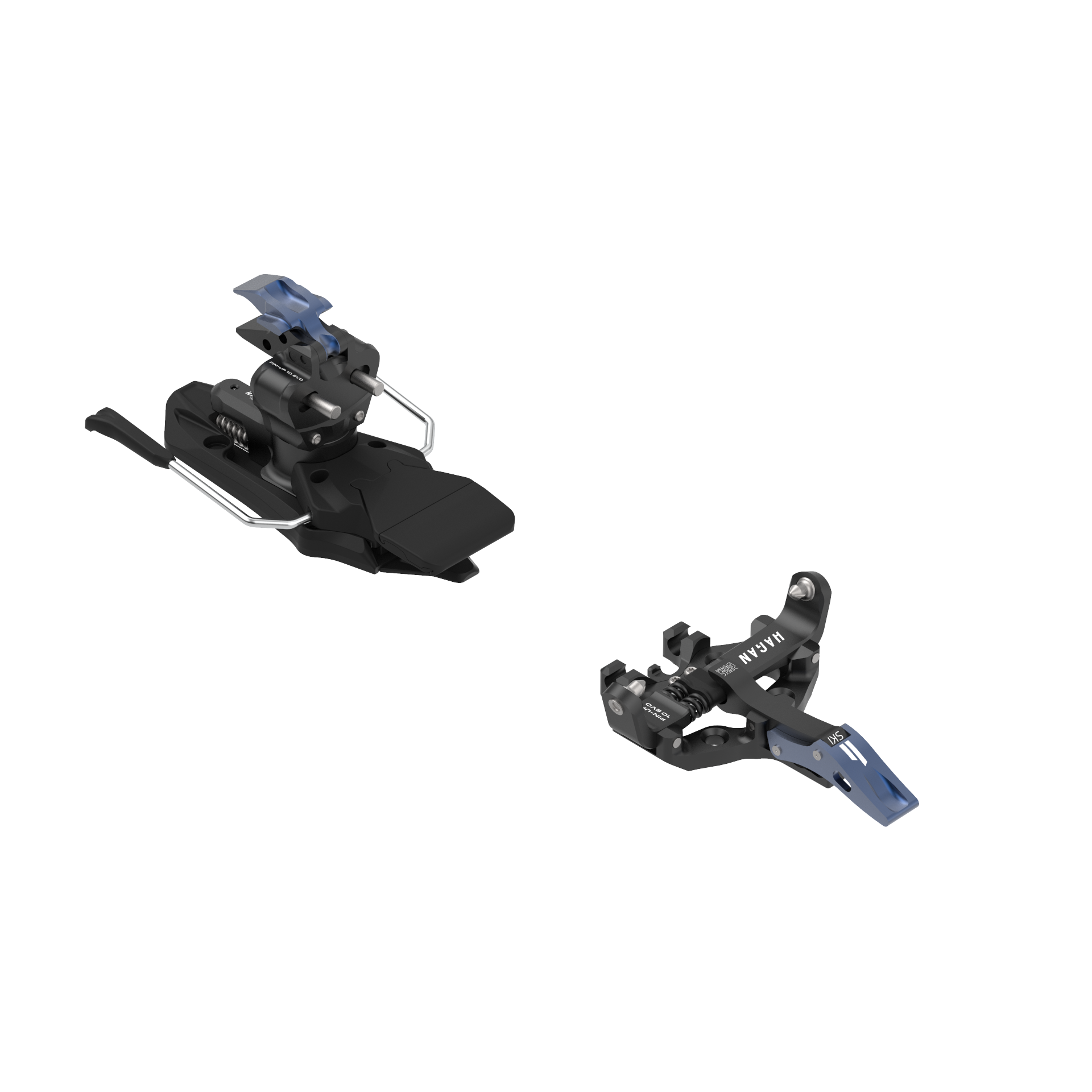 HAGAN Pin Up 10 EVO ski mountaineering bindings mounted on skis for alpine touring and backcountry skiing.