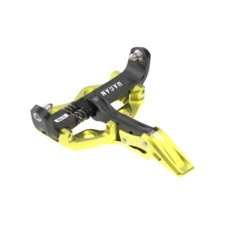HAGAN Ultra World Cup ski mountaineering bindings with adjustable straps and metal components for secure alpine skiing performance.