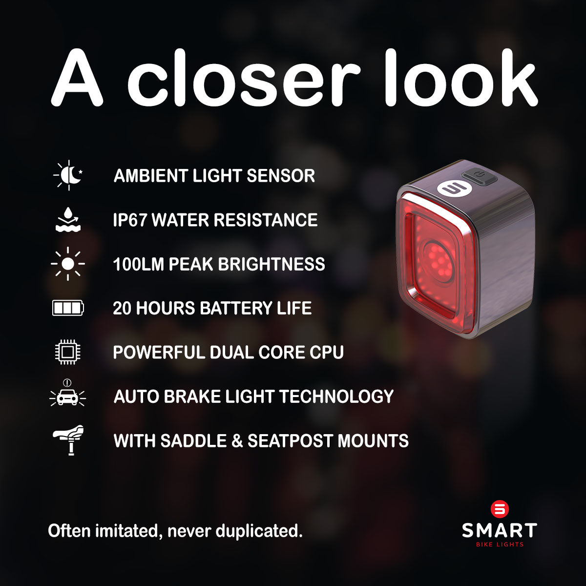 ZEITBIKE Vision Pro bicycle tail light mounted on bike, showcasing bright LED illumination for safety and visibility.