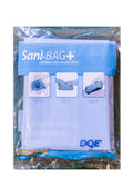Hygiene Sani-Bag+ commode liner by quakekits.com, showing waste disposal bag for portable toilet or commode use.